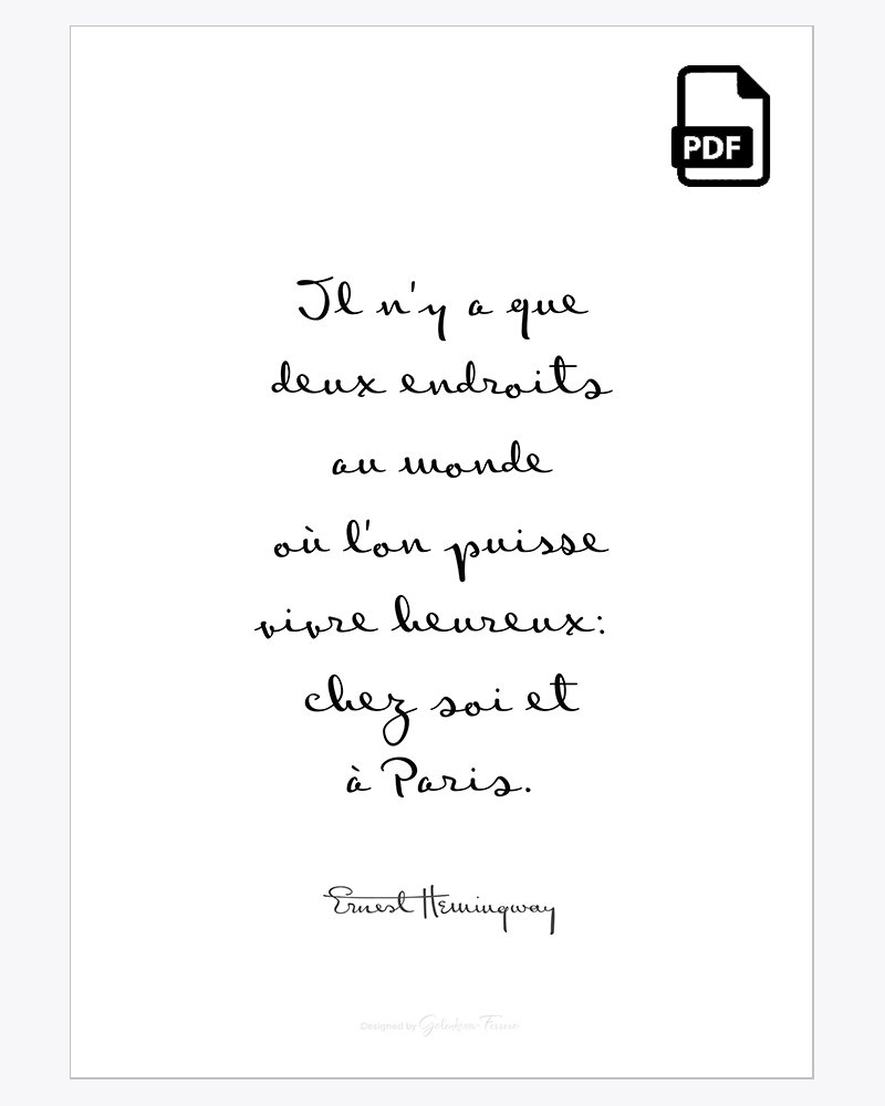 At Home And In Paris Poster Imprimible Con Cita De Ernest Hemingway Basado En Su Letra Original